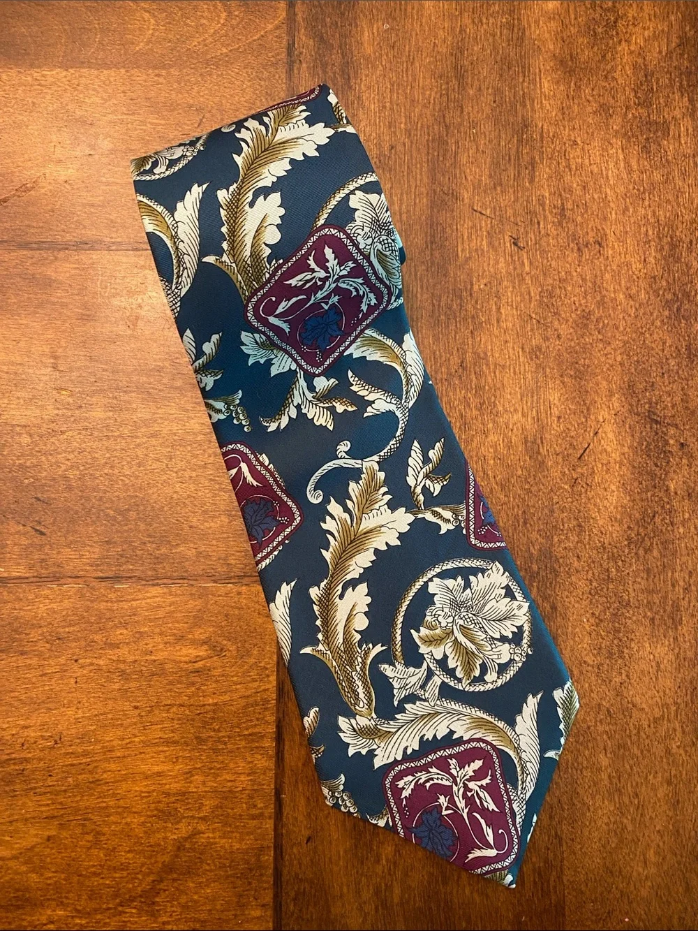 Oscar de la Renta Teal 100% Silk Tie with Burgundy and Gold Scroll Motif